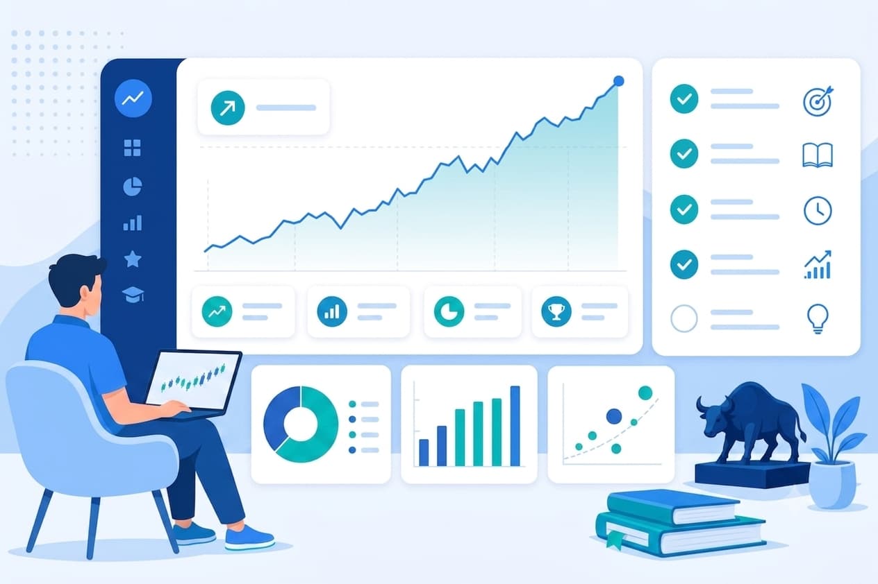 Illustration of reviewing portfolio performance and learning from trades
