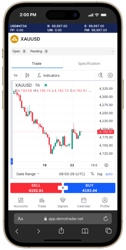 DemoTrader mobile web app on phone