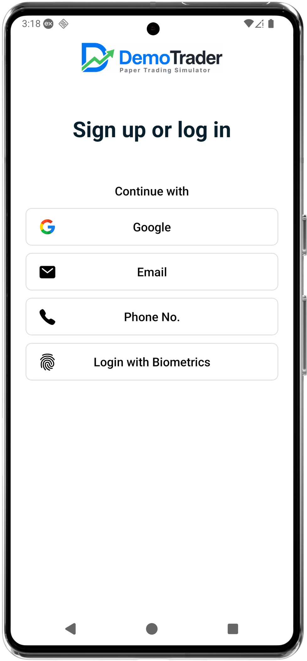 DemoTrader sign up and welcome screen on mobile